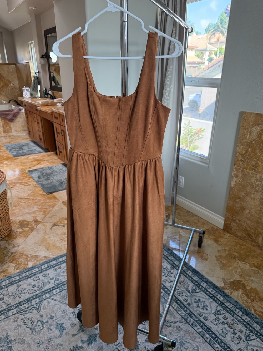 Wayf Faux Suede Tan Midi Dress with Pockets
